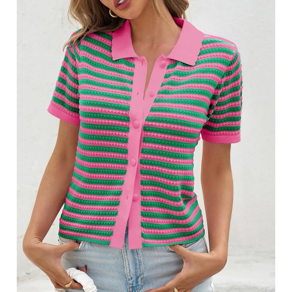 NEW Green and Pink stripes preppy button up polo shirt Top collar sz S Amazon